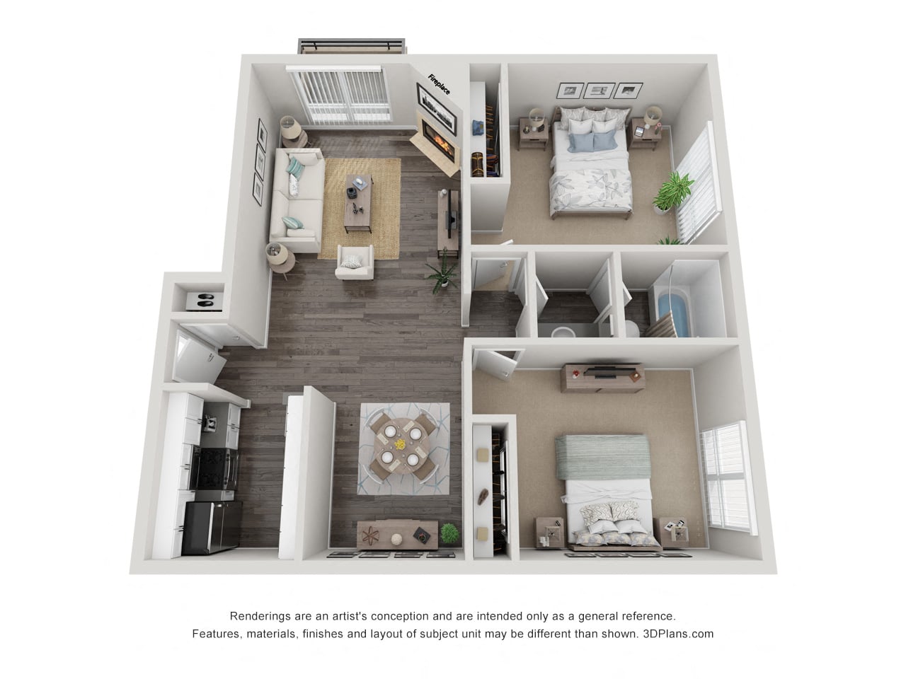 Floor plan for 2 beds, 1 bath, 887 sqft